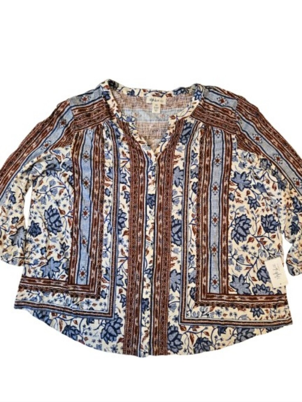 NWT Style and Co Floral Stripe Boho V-Neck Top in Blue and Brown Size 2X